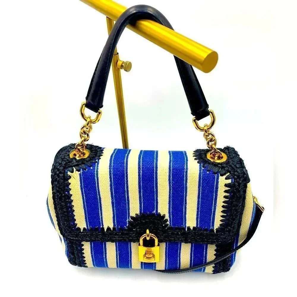 Auth Dolce & Gabbana Blue White Striped Canvas Raffia Handbag Lock Key Preloved